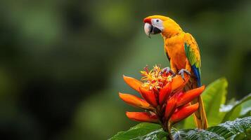 Vibrant Sun Conure Parrot Perched on a Lush Tropical Flower in a Green Forest Setting photo