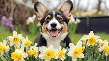 Happy Corgi Puppy Amidst Spring Daffodils in a Garden Adorable Dog in Blooming Flowers photo