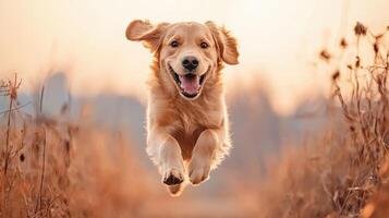 Happy Golden Retriever Dog Leaps Joyfully Through Autumn Field at Sunset photo
