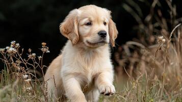 Adorable Golden Retriever Puppy Playing in a Field of Wildflowers A Cute Dog in Nature photo