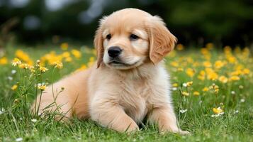 Adorable Golden Retriever Puppy Playing in a Sunny Yellow Flower Meadow photo