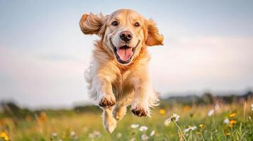 Happy Golden Retriever Dog Leaping Joyfully in a Sunny Meadow Wildflowers photo