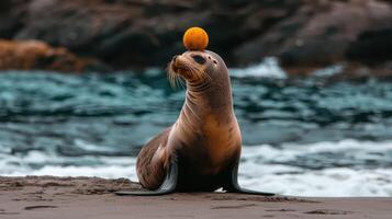 Sea Lion Balancing an Orange Ball on its Head near Ocean Waves on Sandy Beach photo