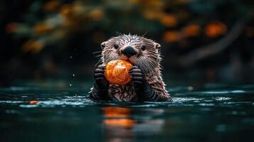 Adorable Sea Otter Holding a Shell in WaterWildlife Nature Image photo