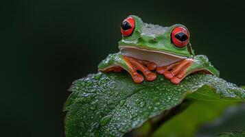 Vibrant Red Eyed Tree Frog Perched on Dew Covered Leaf in Rainforest photo