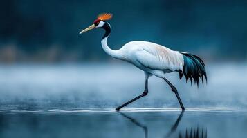 Majestic Red crowned Crane Walking on Misty Water Serene Wildlife Scene Bird in Nature photo
