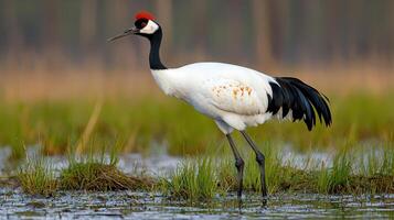 Majestic Red crowned Crane in Wetland Habitat Wildlife photo