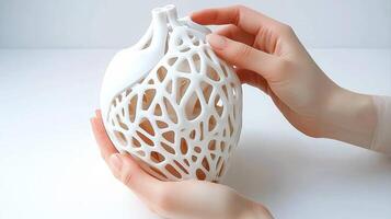 3D Printed Anatomical Heart Model Held in Hands White Detailed Intricate Lattice Structure Medical Science Technology photo