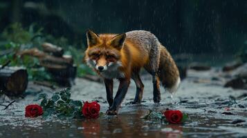Red Fox Walking in the Rain Near Red Roses Romantic Wildlife Scene photo