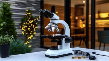 Modern Compound Microscope on Table Outdoors at Night with String Lights Scientific Research Equipment photo