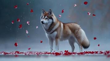 Majestic Siberian Husky Dog Standing in Falling Petals Beautiful canine amidst red flower petals winter scene photo