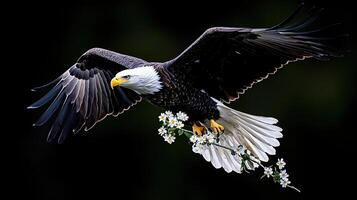 Majestic Bald Eagle in Flight Grasping Delicate White Flowers Against a Dark Background Wildlife photo