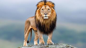 Majestic African Lion Standing Proudly on a Rock Wild Animal in its Natural Habitat Serengeti Landscape photo