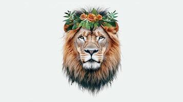 Majestic Lion Portrait with Floral Crown Beautiful Wildlife Image for Design Projects and Prints photo