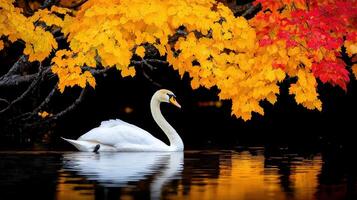 Graceful White Swan Swimming in Calm Autumn Lake Underneath Vibrant Yellow and Red Maple Leaves photo