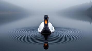 Serene Black Swan on Calm Lake Water Creating Concentric Circles in Misty Morning Landscape photo