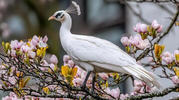 Majestic White Peacock Perched on a Blooming Magnolia Tree in Springtime photo