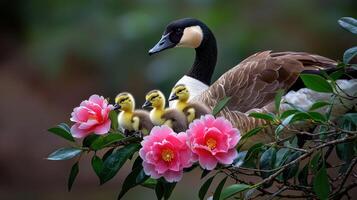 A Canada Goose Mother Protecting Her Three Goslings Amidst Blooming Pink Camellias in a Serene Garden photo