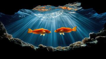 Two Orange Fish Underwater Scene Sunbeams Coral Reef Ocean Life Aquatic Wildlife photo