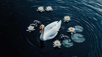 Serene Swan Family with Cygnets Swimming Amidst Water Lilies on a Calm Lake photo