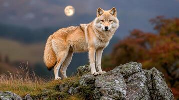 Majestic Light Brown Wolf Standing on Rocks at Night with Full Moon Background Wildlife photo