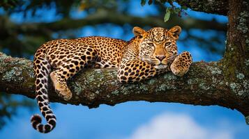 Majestic Leopard Resting on a Tree Branch in the African Savanna Wildlife photo