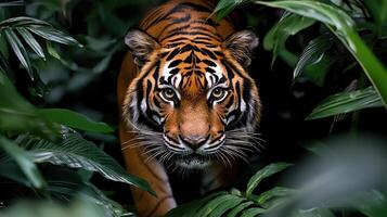 Majestic Tiger Stalking Through Lush Green Jungle Foliage A Close Up View Of A Wild Tiger photo
