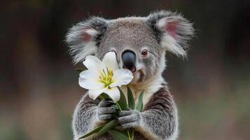 Adorable Koala Holding a Delicate White Lily FlowerClose UpWildlife PhotographyAustraliaNative Animal photo