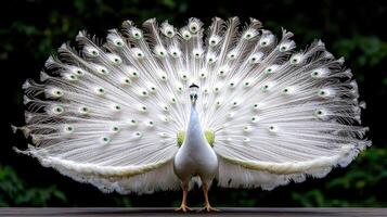 Majestic White Peacock Displaying its Stunning Plumage in a Vibrant Pose A breathtaking wildlife scene photo