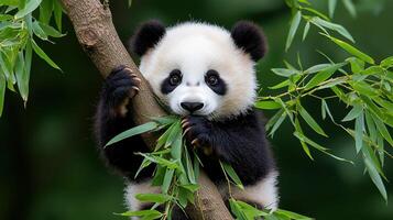 Adorable Baby Panda Cub Eating Bamboo on a Tree Branch in a Lush Green Forest Habitat photo