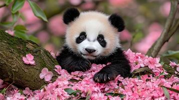 Adorable Baby Panda Cub Amidst Delicate Pink Blossoms in Springtime A Precious Moment Captured in Nature photo
