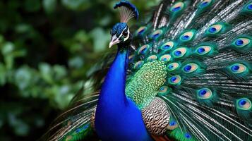 Majestic Indian Peacock Displaying Vibrant Tail Feathers in Lush Green Foliage photo