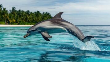 Majestic Dolphin Leaps from Ocean Waters near Tropical Beach A Stunning Wildlife Scene photo
