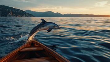Stunning Dolphin Leaping from Ocean Waves at Sunset near Mountains A breathtaking wildlife scene photo