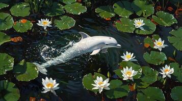 White Dolphin Leaps Gracefully Through Water Lilies in a Serene Pond A Stunning Aquatic Scene photo