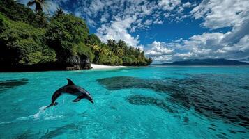 Dolphin leaping in turquoise ocean near tropical island beach with palm trees a stunning summer seascape photo