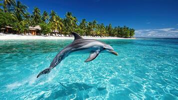 A playful dolphin leaps from the turquoise water near a tropical beach with palm trees A perfect summer vacation image photo