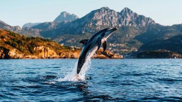 Majestic Dolphin Leaps High Above Ocean Waves near Mountainous Coastline A breathtaking wildlife scene photo