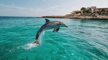Stunning Striped Dolphin Leaping from Turquoise Ocean Waters near Coastal Buildings photo