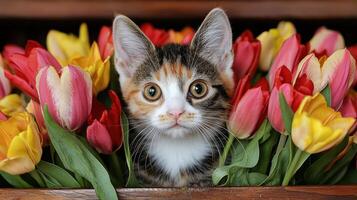 Adorable Kitten Hiding Amongst Vibrant Spring Tulips in Wooden Box photo