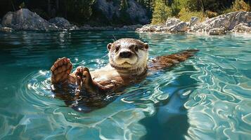 Playful Otter Floating in Crystal Clear River Water on a Sunny Day Wildlife Animal Nature Scene photo