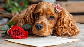 Adorable Cocker Spaniel Puppy with Red Rose and Book Romantic Pet Dog Image photo