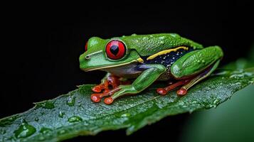 Vibrant Red Eyed Tree Frog on Dew Covered Leaf in Rainforest A Close Up Macro Photograph of Amphibian Wildlife photo