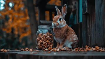 Adorable Brown Rabbit Sitting Near a Jar of Dried Flowers in Autumn Setting A charming pet rabbit and fall foliage photo
