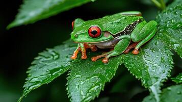 Vibrant Green Red Eyed Tree Frog Perched on Dewy Leaf Rainforest Wildlife photo