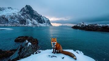 Arctic Fox Sitting on Snowy Rock Stunning Winter Landscape Scenic View Norway photo