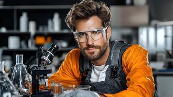 Confident Male Scientist Working in a Modern Laboratory Using Microscope and Beaker photo