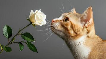 Adorable ginger kitten sniffing a delicate white rose flower closeup studio shot photo