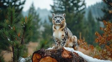 Majestic Snow Leopard Sitting on Snowy Log in Winter Forest Peaceful Wildlife Scene photo