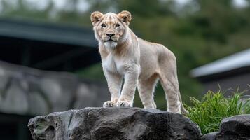 Young White Lion Cub Standing on a Rock in a Park A Majestic Wildlife Portrait photo